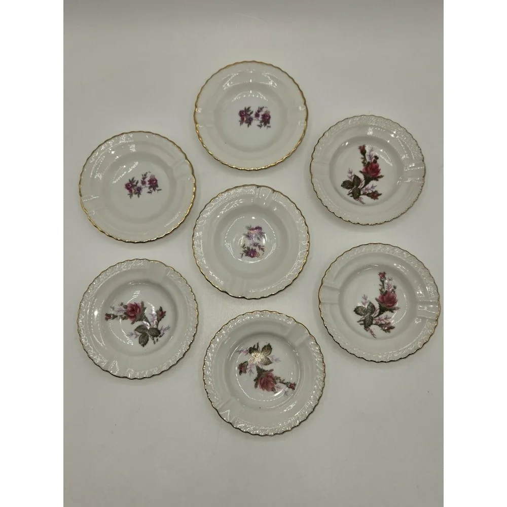 Vintage Set of 7 Porcelain Floral Ashtrays Gold Trim Japan